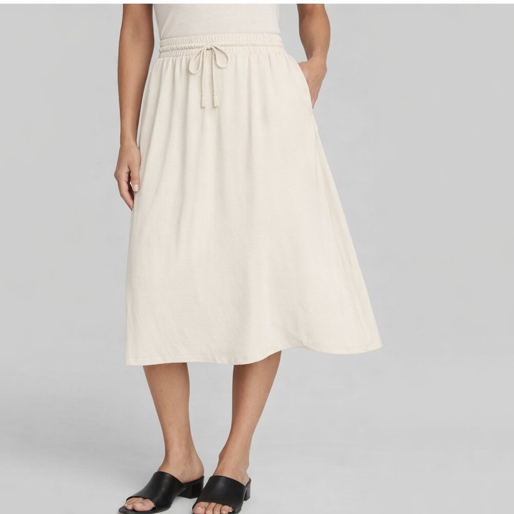 Lux Midi Skirt – Linen color | Size 1X (18/20) | Stretch Waist + Zipper Pockets